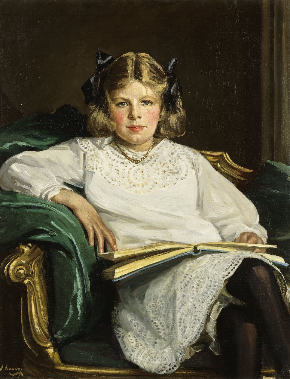 Betty portréja, háromnegyed hosszan ülve, könyvet olvas alkotó: John Lavery