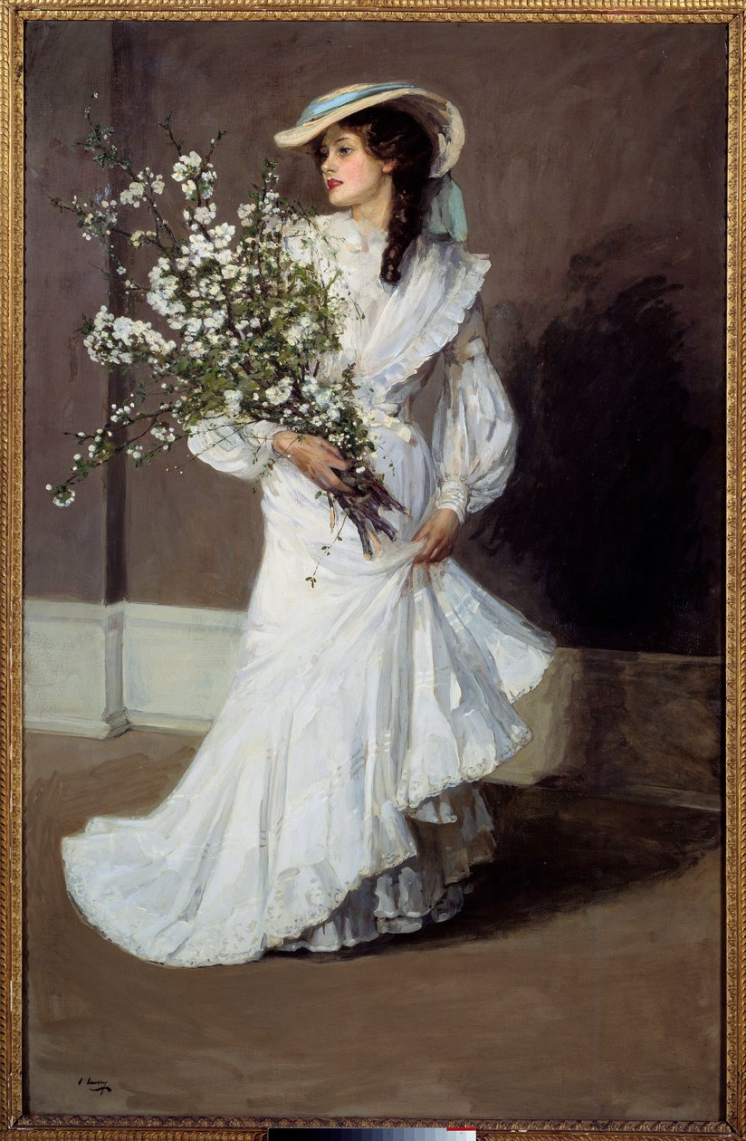 Tavaszi. A tavasz allegóriája: fehérbe öltözött nő portréja virágcsokorral. Sir John Lavery festménye (1856-1941) alkotó: John Lavery