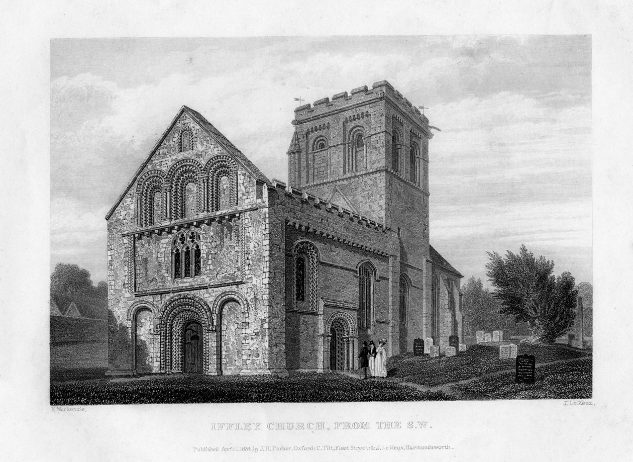 Iffley templom délnyugat felől, Oxfordford, 1834. alkotó: John Le Keux