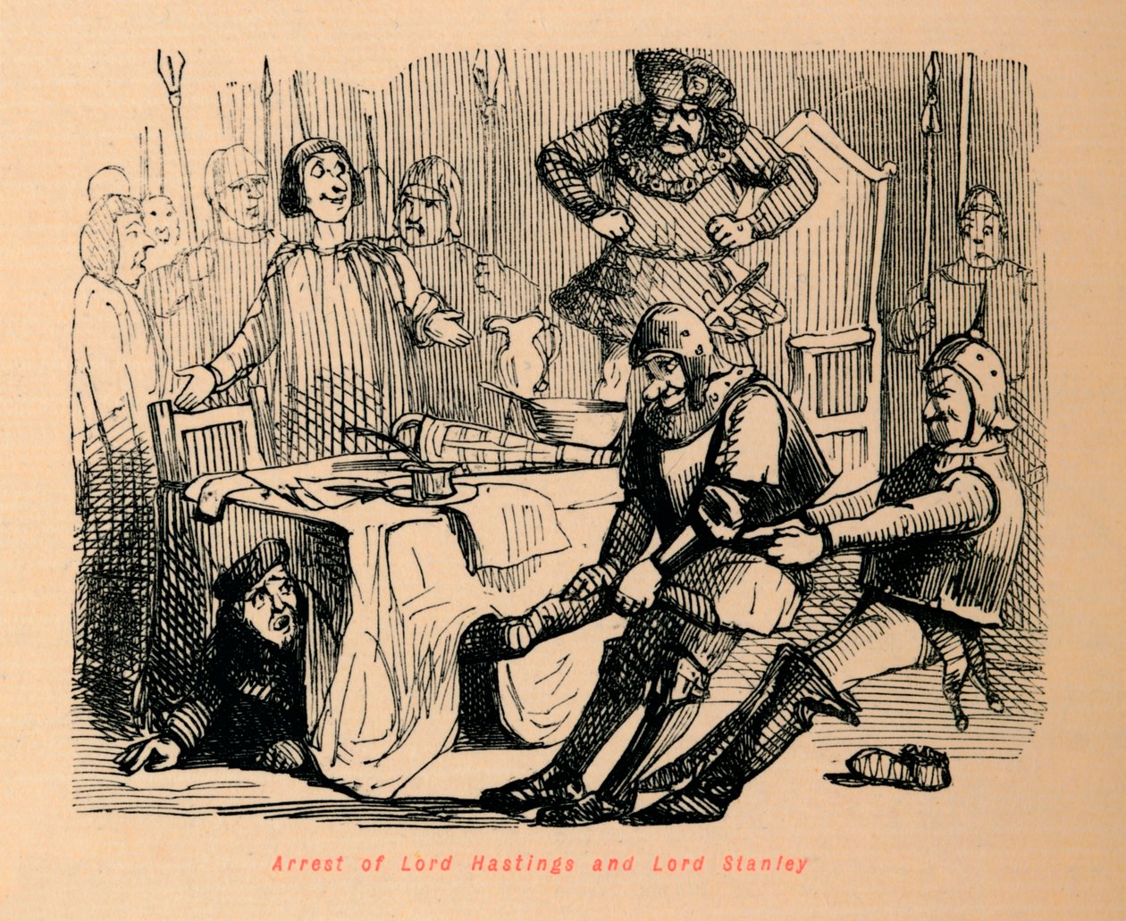 Lord Hastings és Lord Stanley letartóztatása, alkotó: John Leech