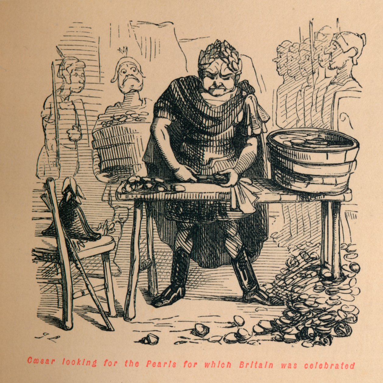Caesar a gyöngyöket keresi, amelyekért Nagy-Britanniát ünnepelték, 1860, 1860 körül. alkotó: John Leech