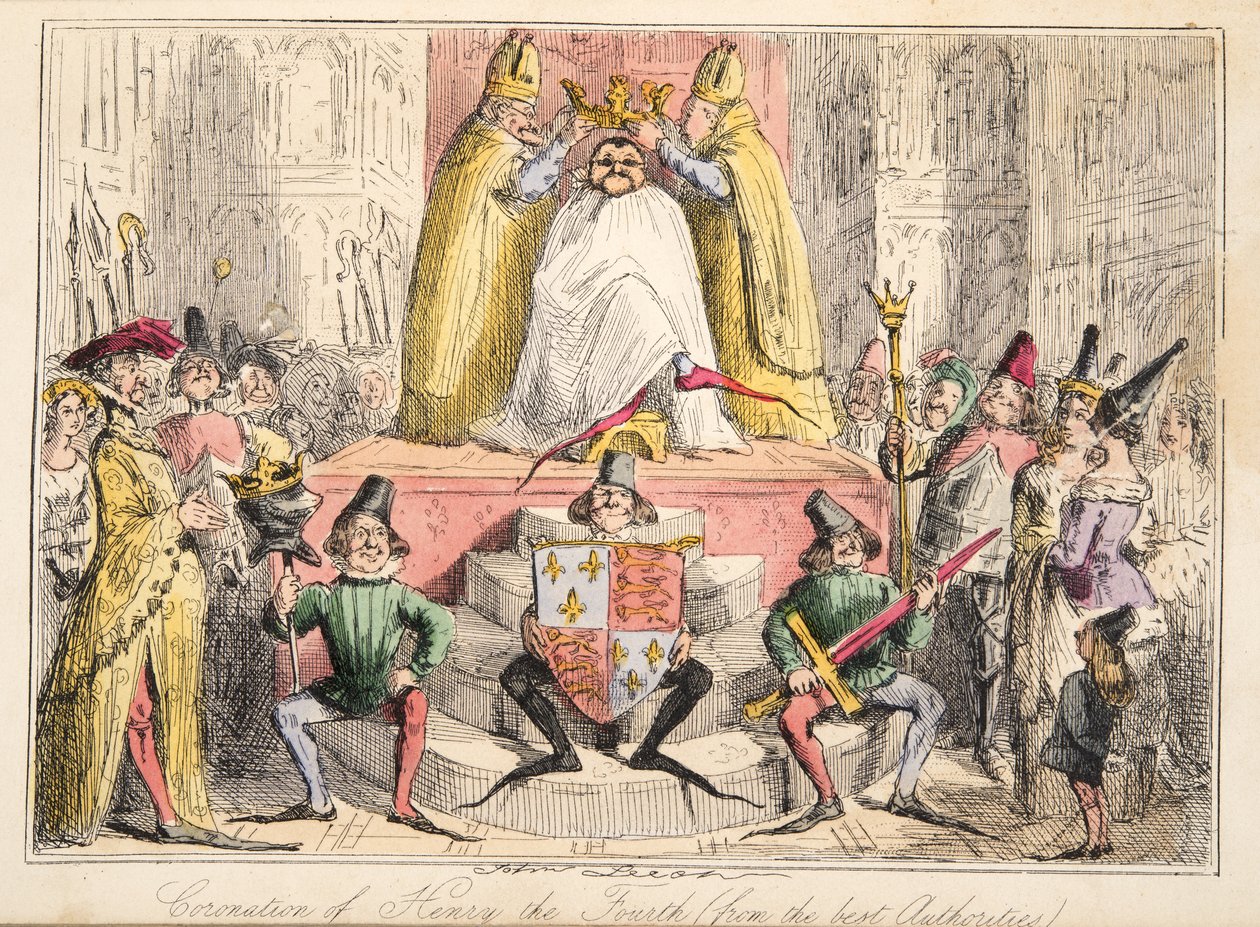 Henrik koronázása IV. (a legjobb szaktekintélyektől), a The Comic History of England-ből, pub. 1864 (kézzel színezett rézkarc) alkotó: John Leech