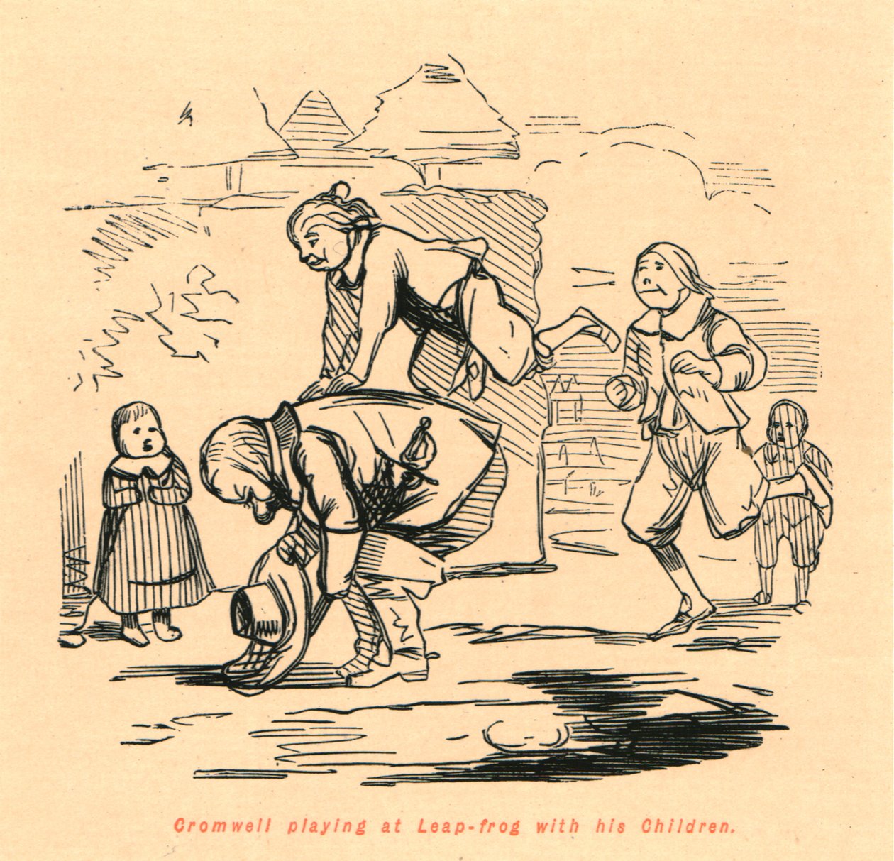 Cromwell a Leap-békában játszik gyermekeivel, 1897. alkotó: John Leech