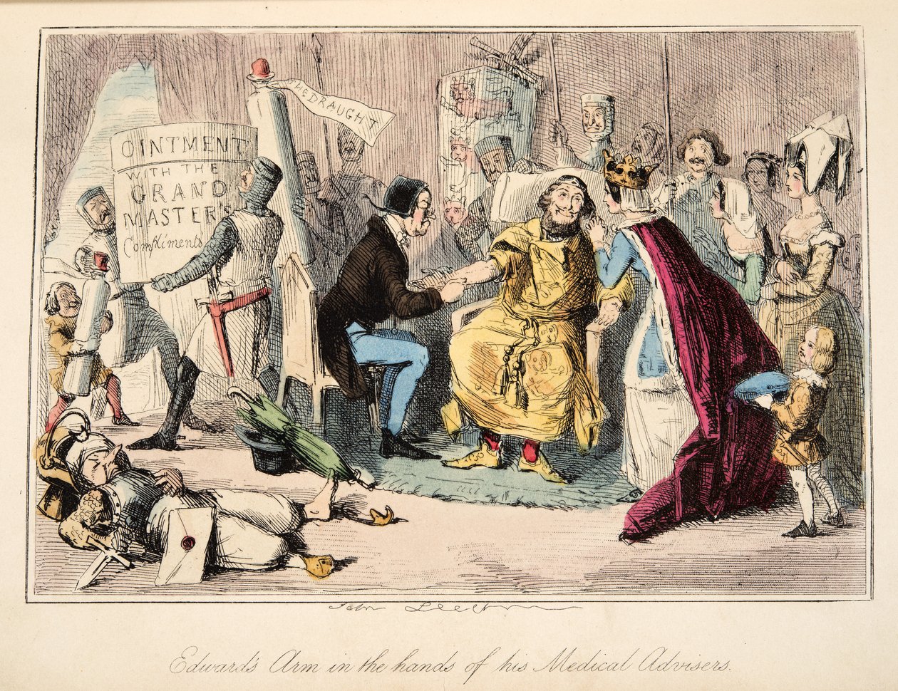 Edward karja orvosi tanácsadói kezében, The Comic History of England, pub. 1864 (kézzel színezett rézkarc) alkotó: John Leech
