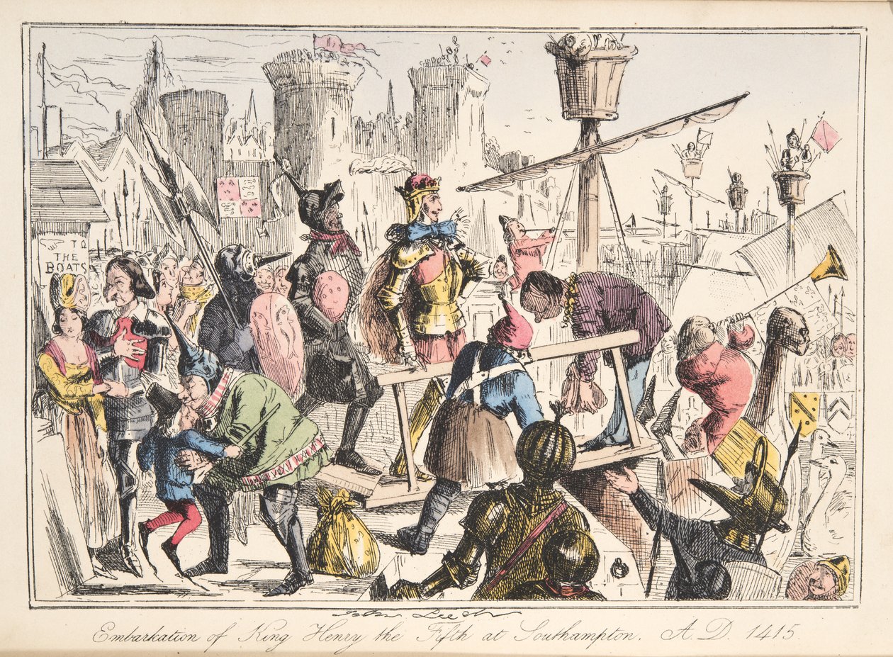 Henry V. beszállása Southamptonban, i.sz. 1415, The Comic History of England, pub. 1864 (kézzel színezett rézkarc) alkotó: John Leech