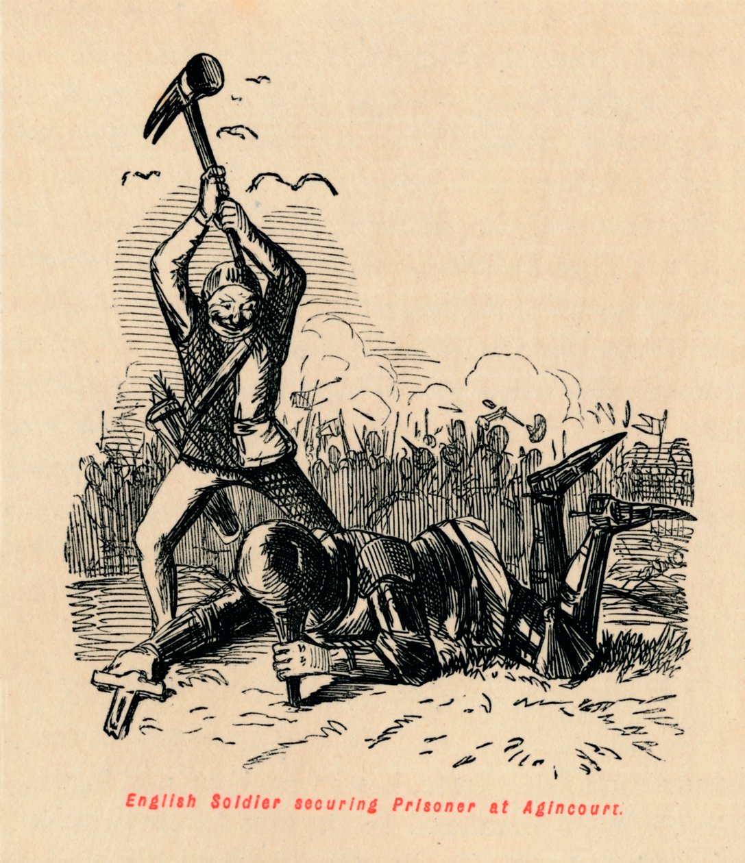 Angol katona biztosít rabot Agincourtban, c1860, c1860 alkotó: John Leech