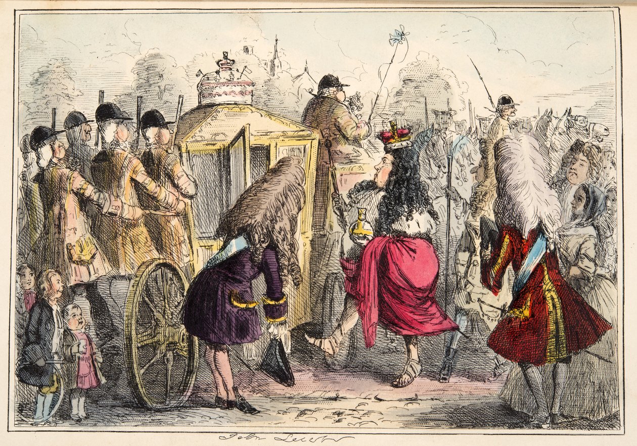 Georgey Porgey, az első, aki kimegy egy kört a State Coachy Pachy-jába, a The Comic History of England pubjából. 1864 (kézzel színezett rézkarc) alkotó: John Leech
