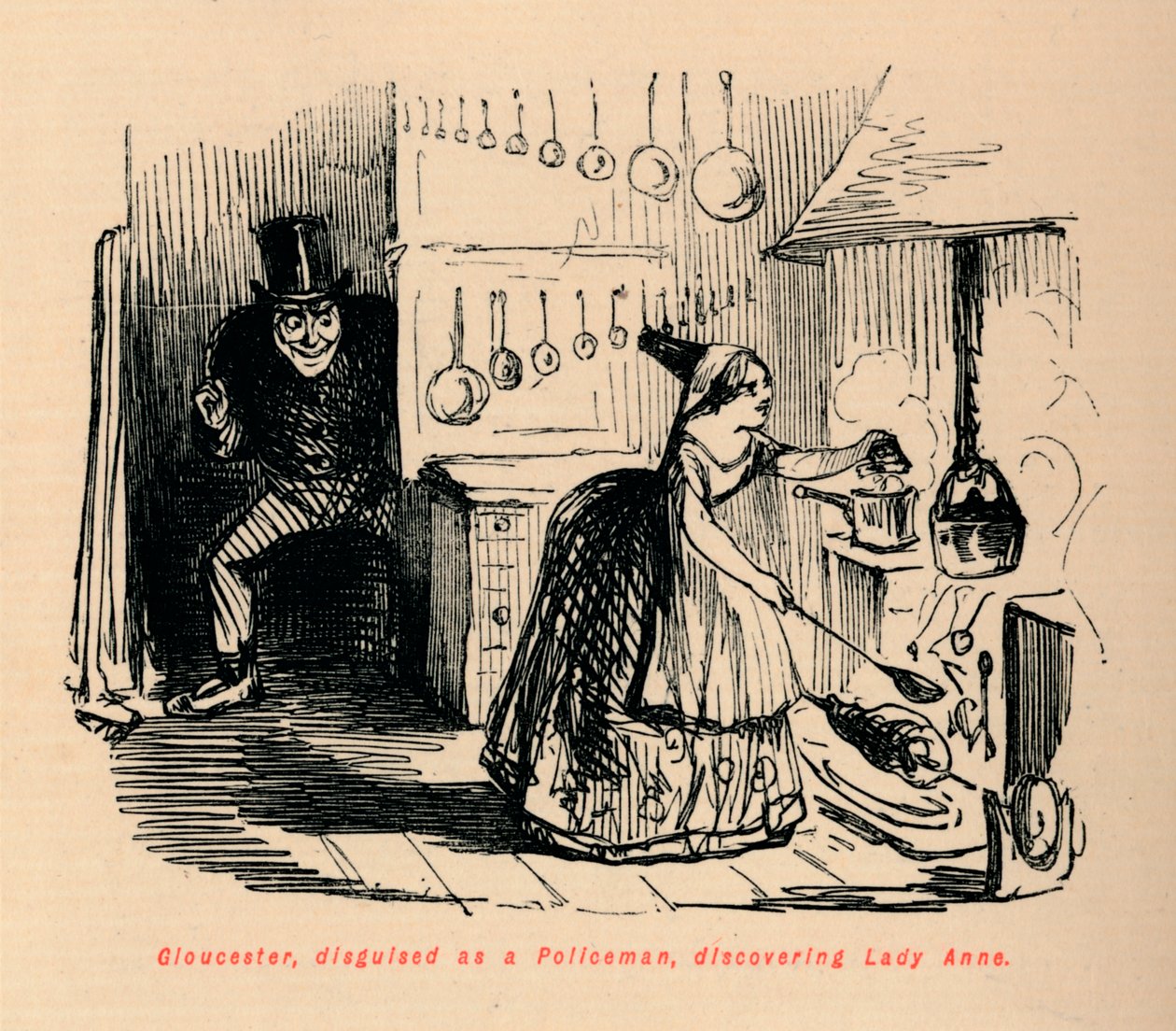 Gloucester rendőrnek álcázva felfedezi Lady Anne-t, alkotó: John Leech