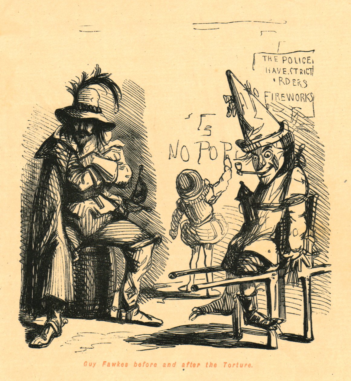 Guy Fawkes a kínzás előtt és után, 1897. alkotó: John Leech