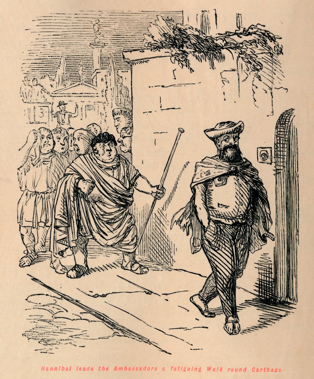 Hannibál fárasztó sétát vezet a nagyköveteknek Karthágó körül, 1852 alkotó: John Leech