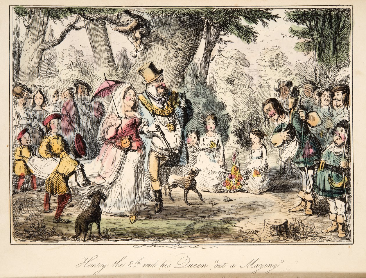 VIII. Henrik és királynője Out-a-Maying, a The Comic History of England, pub. 1864 (kézzel színezett rézkarc) alkotó: John Leech