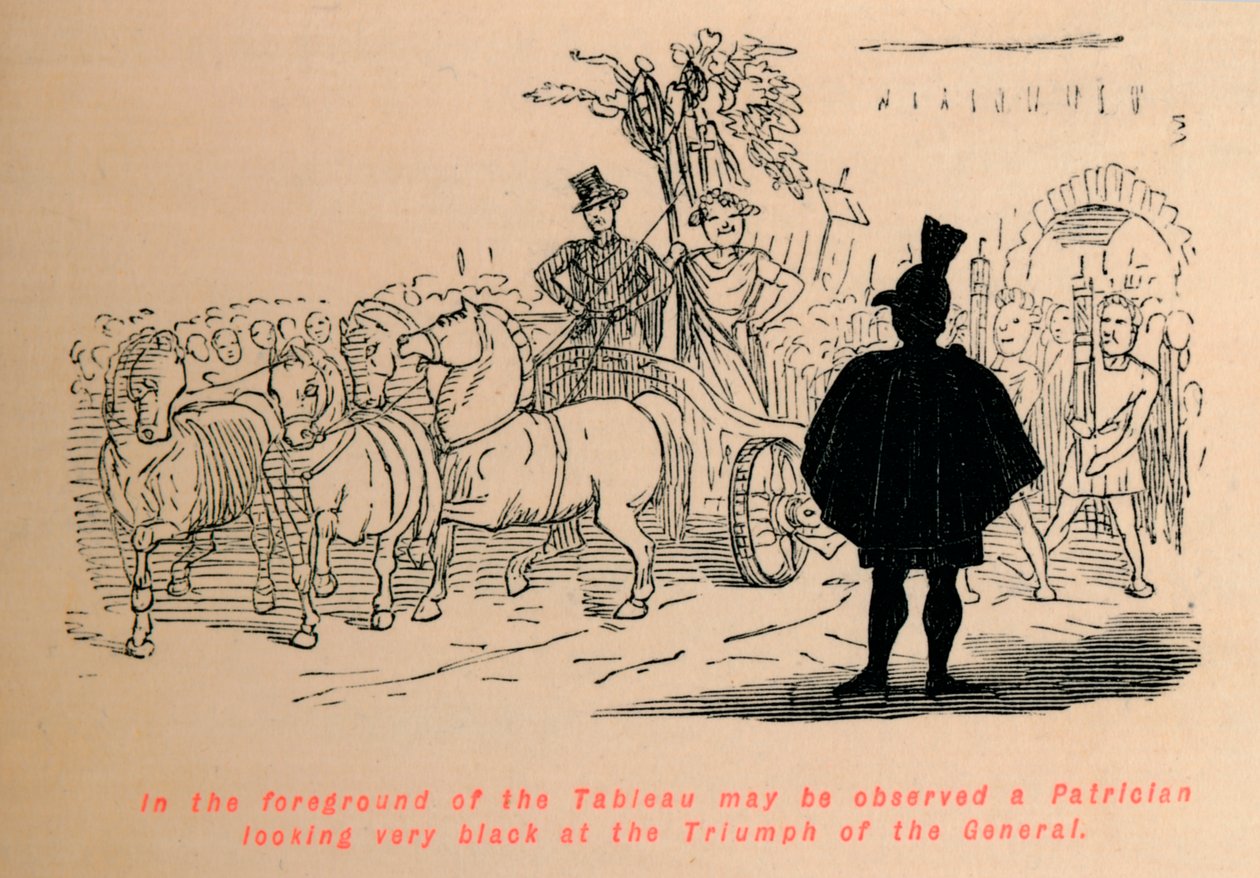 A Tableau előterében egy patrícius figyelhető meg, aki nagyon feketének néz a t diadalán. alkotó: John Leech