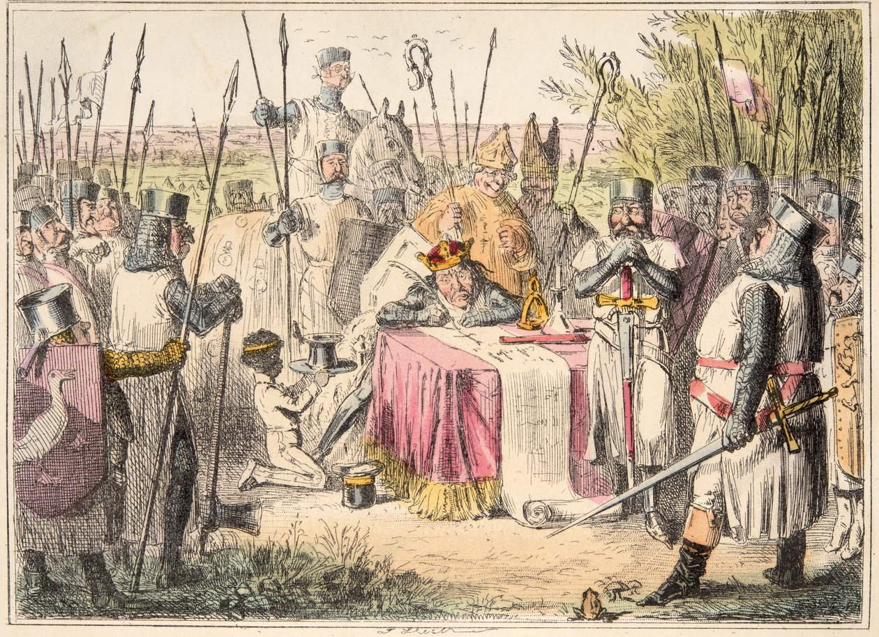 János király aláírja a Magna Cartát, a The Comic History of England, pub. 1864 (kézzel színezett rézkarc) alkotó: John Leech