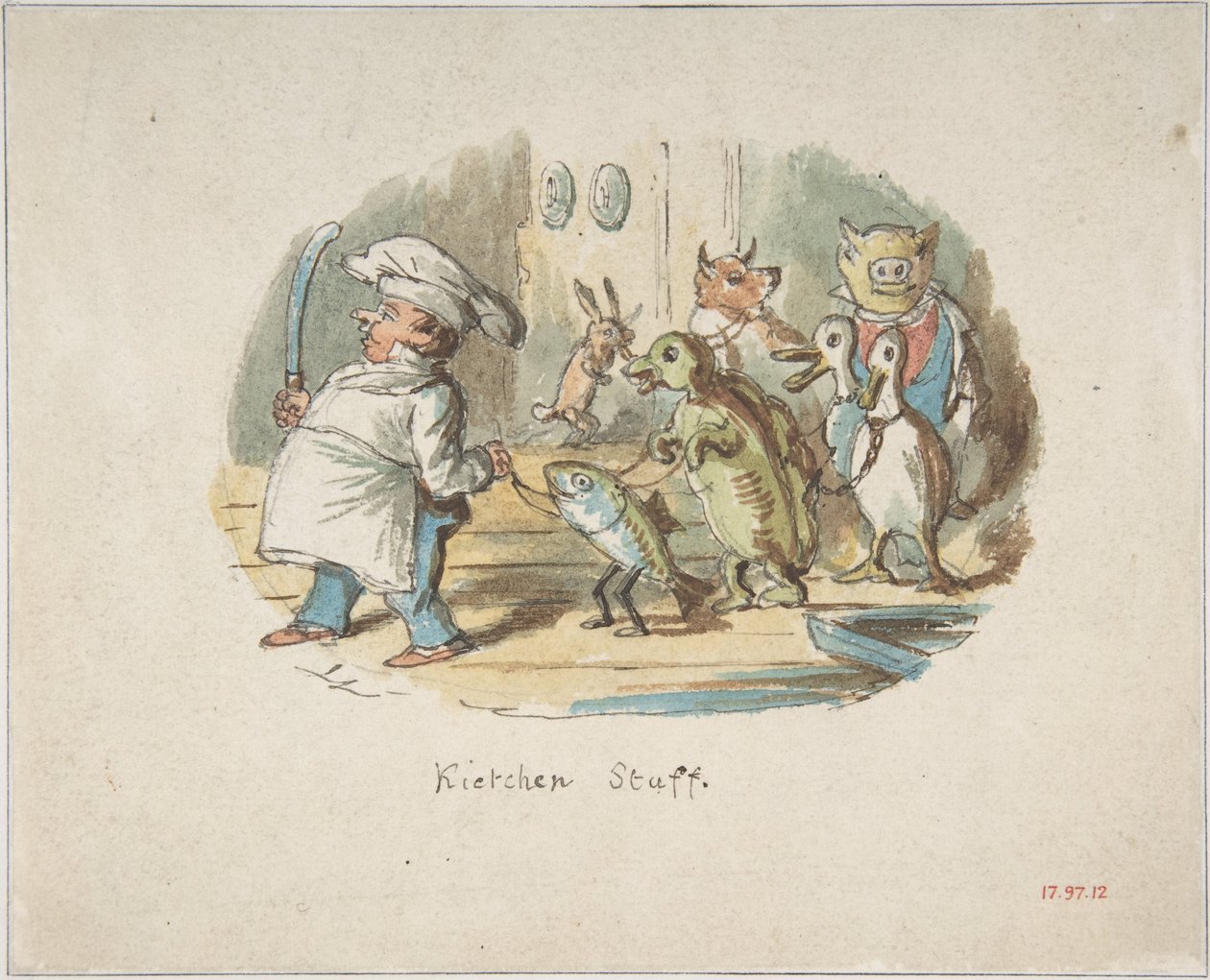 Konyhai személyzet (előlap); Hegyi táj túrázóval (hátlap) alkotó: John Leech