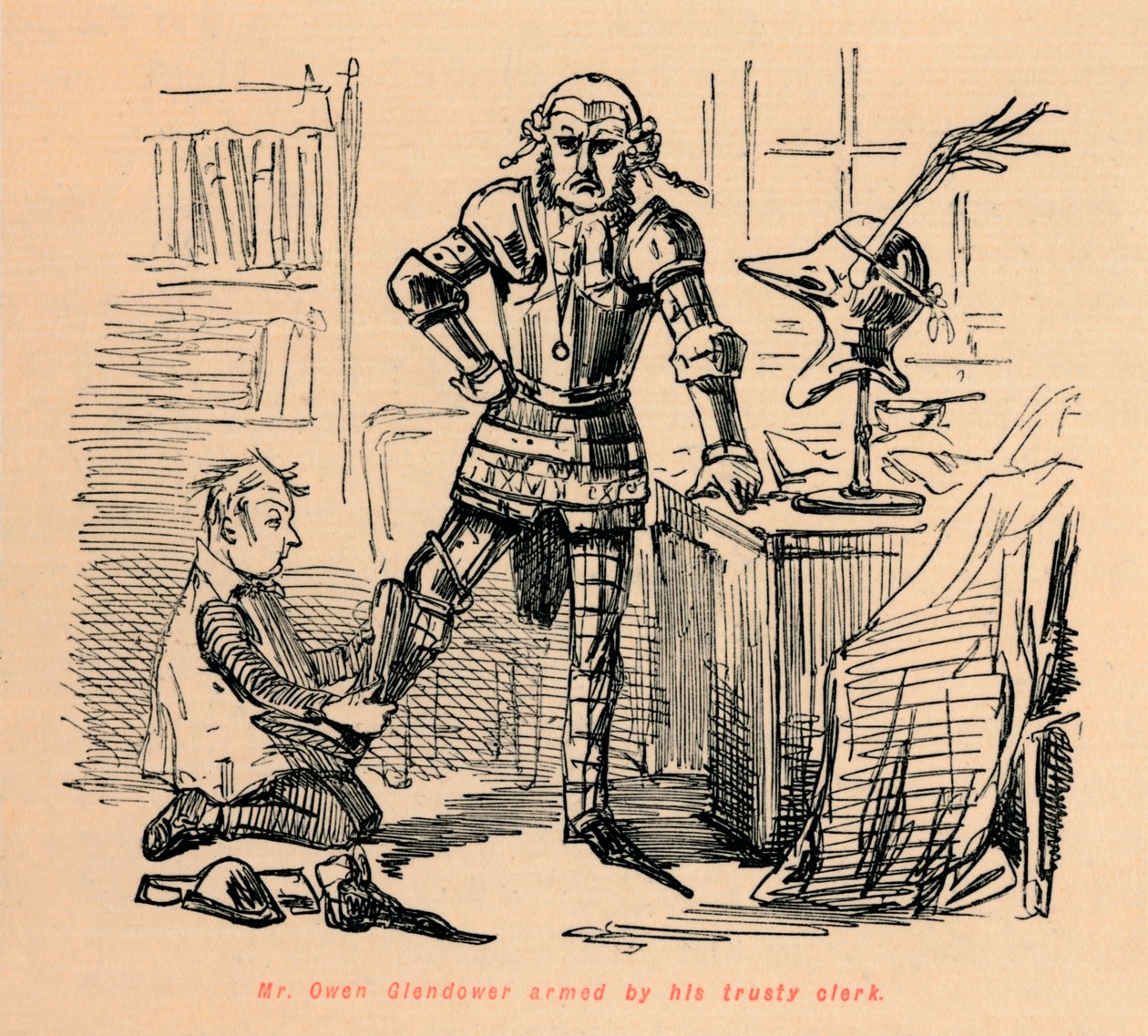 Mr. Owen Glendower felfegyverkezve megbízható hivatalnokával, c1860, c1860 alkotó: John Leech