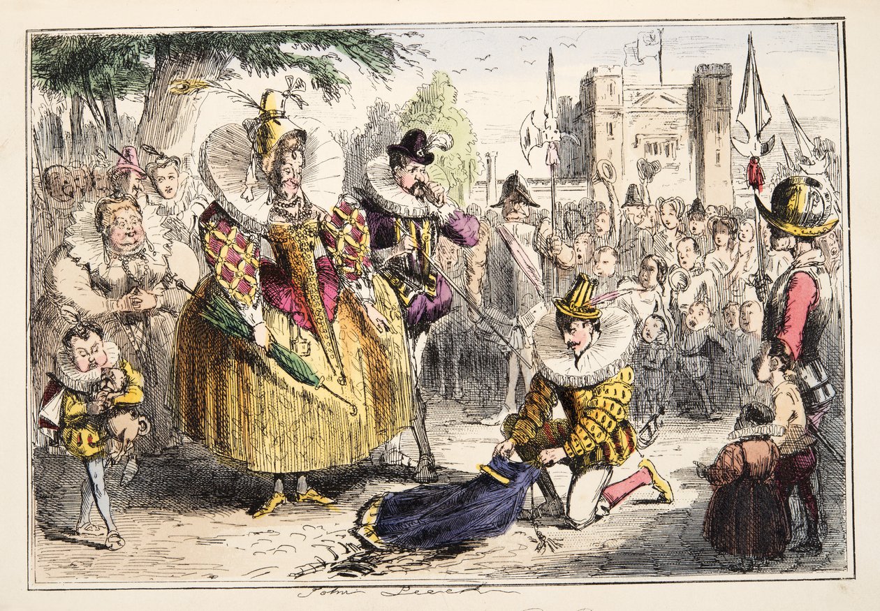 Erzsébet királynő és Sir Walter Raleigh, The Comic History of England, pub. 1864 (kézzel színezett rézkarc) alkotó: John Leech
