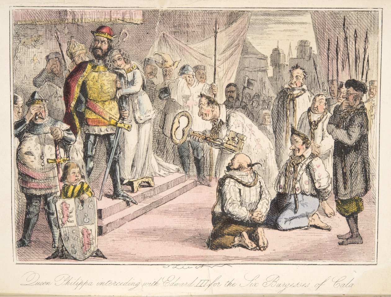 Fülöp királynő közbenjár III. Edwardnál, a hat calais-i városért, a The Comic History of England, pub. 1864 (kézzel színezett rézkarc) alkotó: John Leech