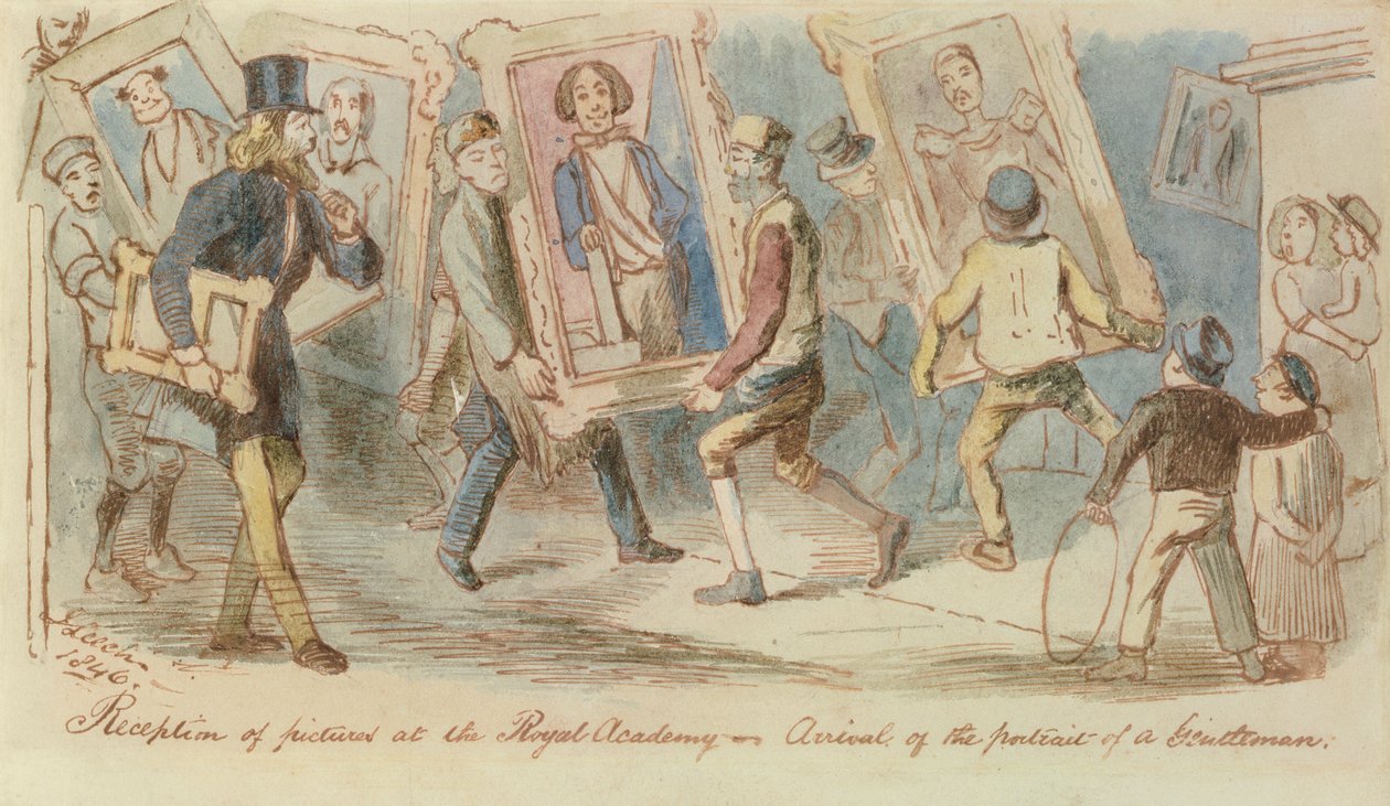 Képek fogadása a Királyi Akadémián - Egy úriember portréjának érkezése, 1846 (toll, tinta és wc) alkotó: John Leech