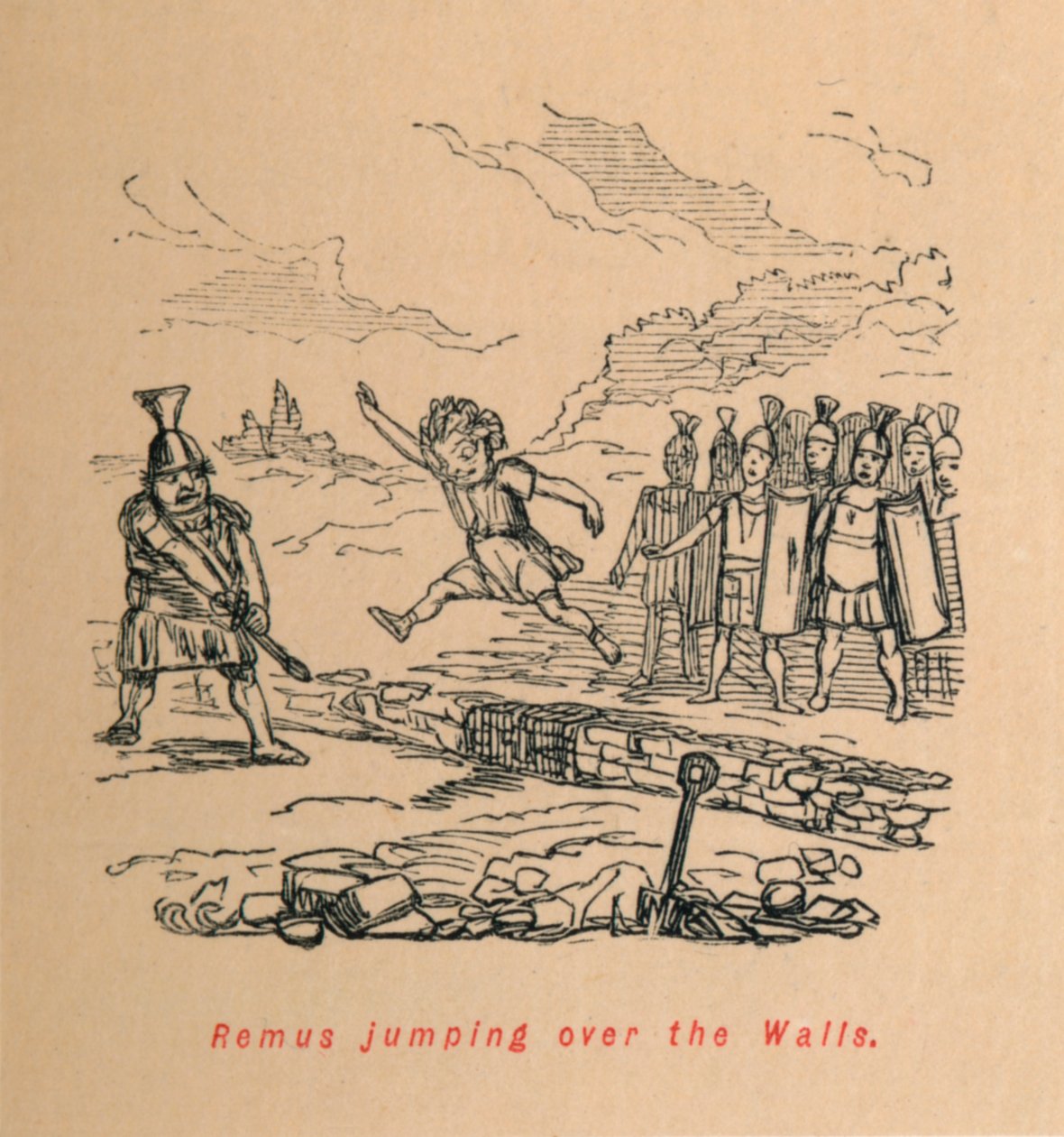Remus átugrik a falakon, 1852 alkotó: John Leech