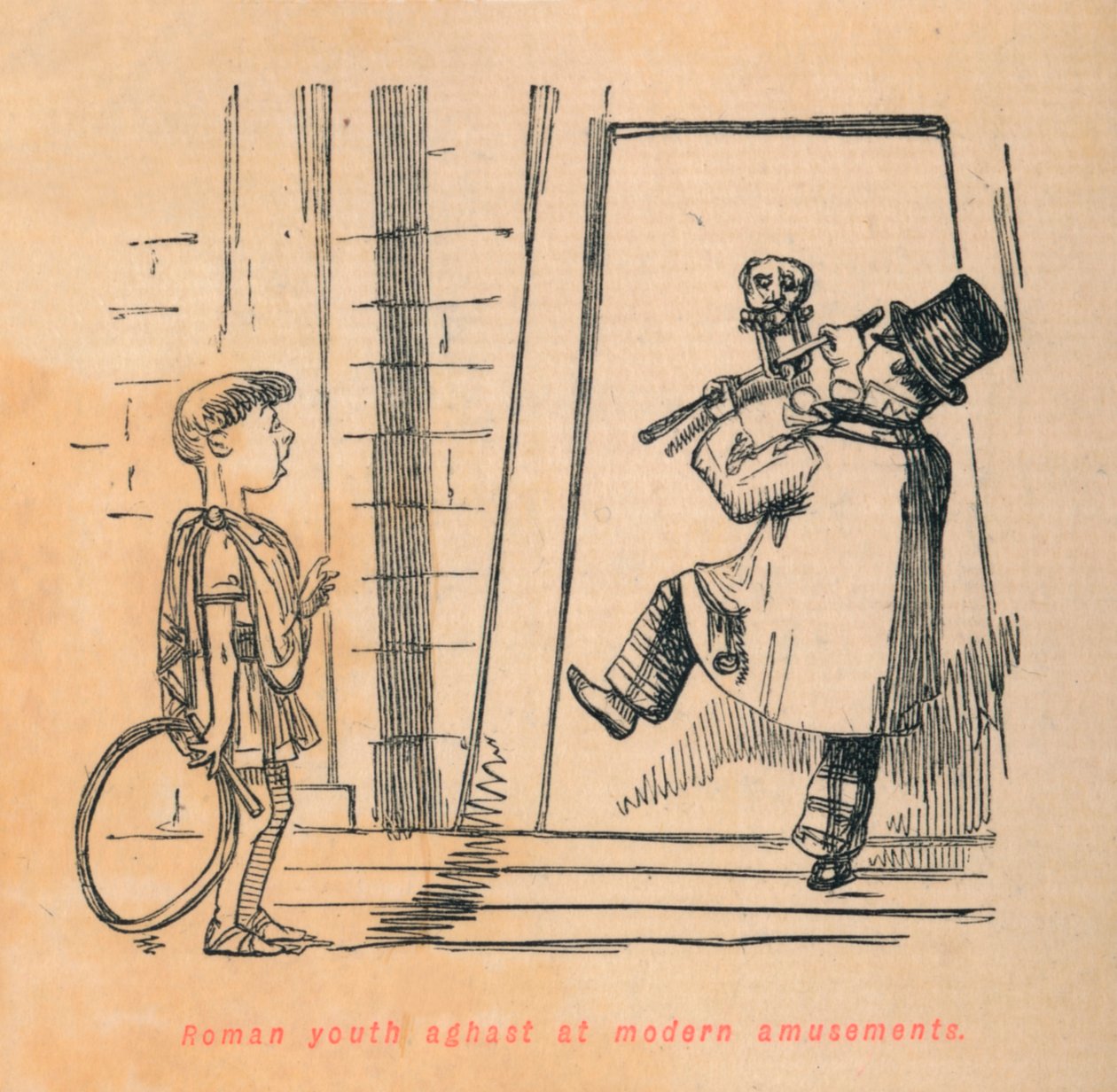 Római fiatalok megdöbbenve a modern szórakozásoktól, 1852 alkotó: John Leech