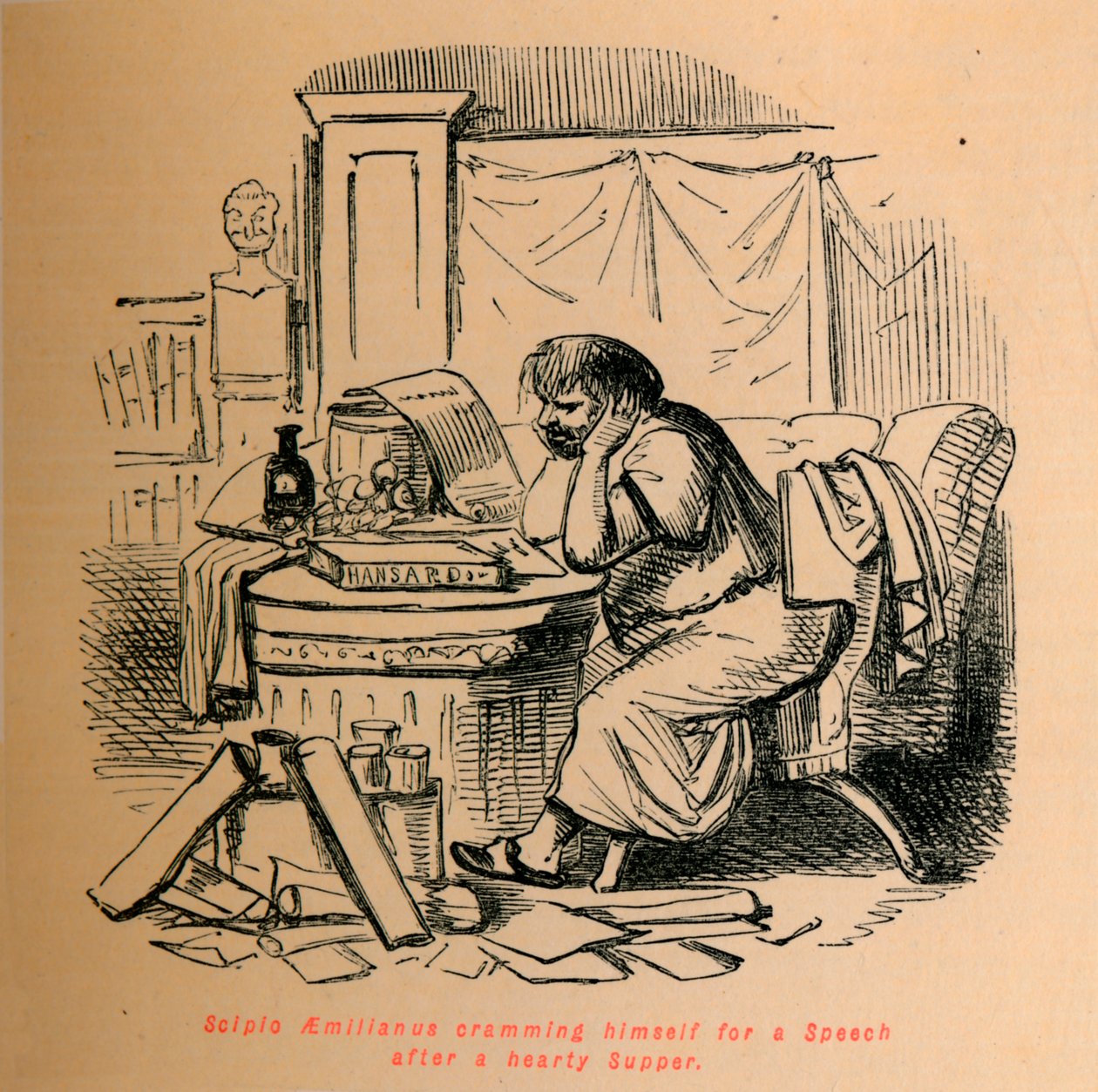 Scipio Aemilianus egy kiadós vacsora után beszédre zsúfolja magát, 1852 alkotó: John Leech