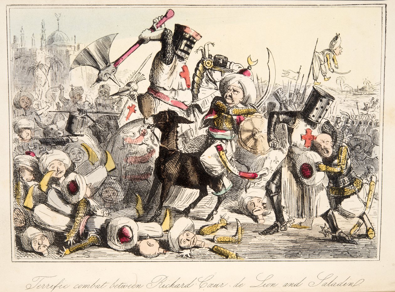 Remek harc Richard Coeur de Lion és Saladin között a The Comic History of England-ből, pub. 1864 (kézzel színezett rézkarc) alkotó: John Leech
