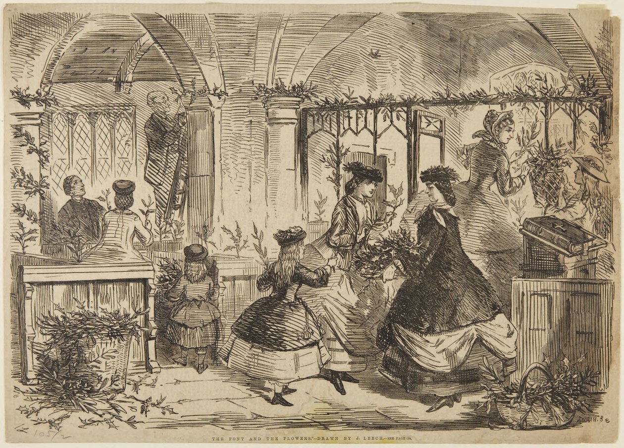 A keresztelőmedence és a virágok alkotó: John Leech