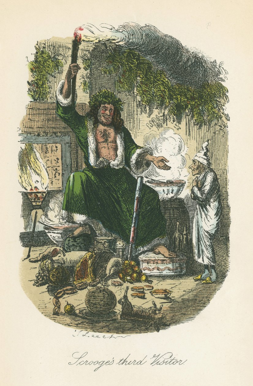 A karácsonyi ajándék szelleme megjelenik Scrooge-nak. Illusztráció: John Leech (1817-64) Charles Dickens számára A Christmas Carol, London 1843-1834. alkotó: John Leech