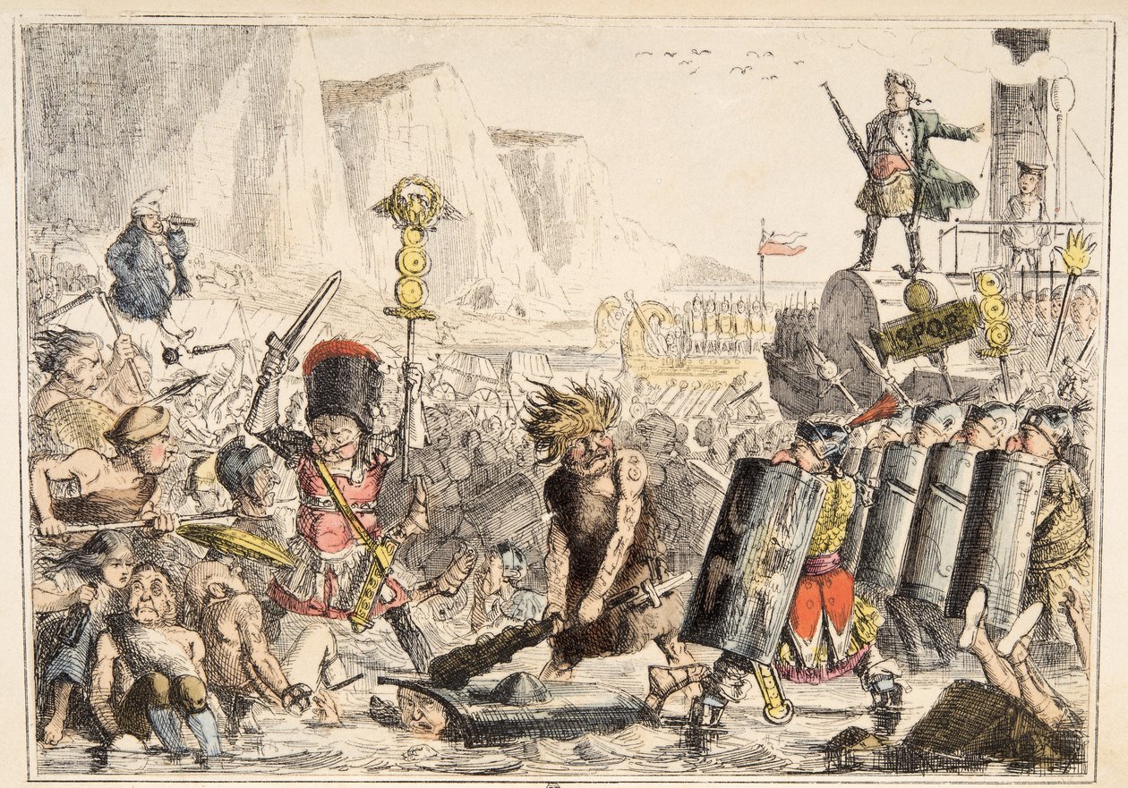 Julius Caesar partraszállása a The Comic History of England-ből, pub. 1864 (kézzel színezett rézkarc) alkotó: John Leech