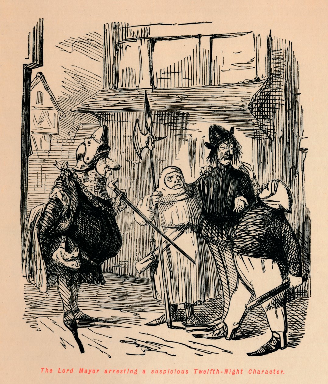 A Lord Mayor letartóztat egy gyanús tizenkettedik éjszaka szereplőt, c1860, c1860 alkotó: John Leech