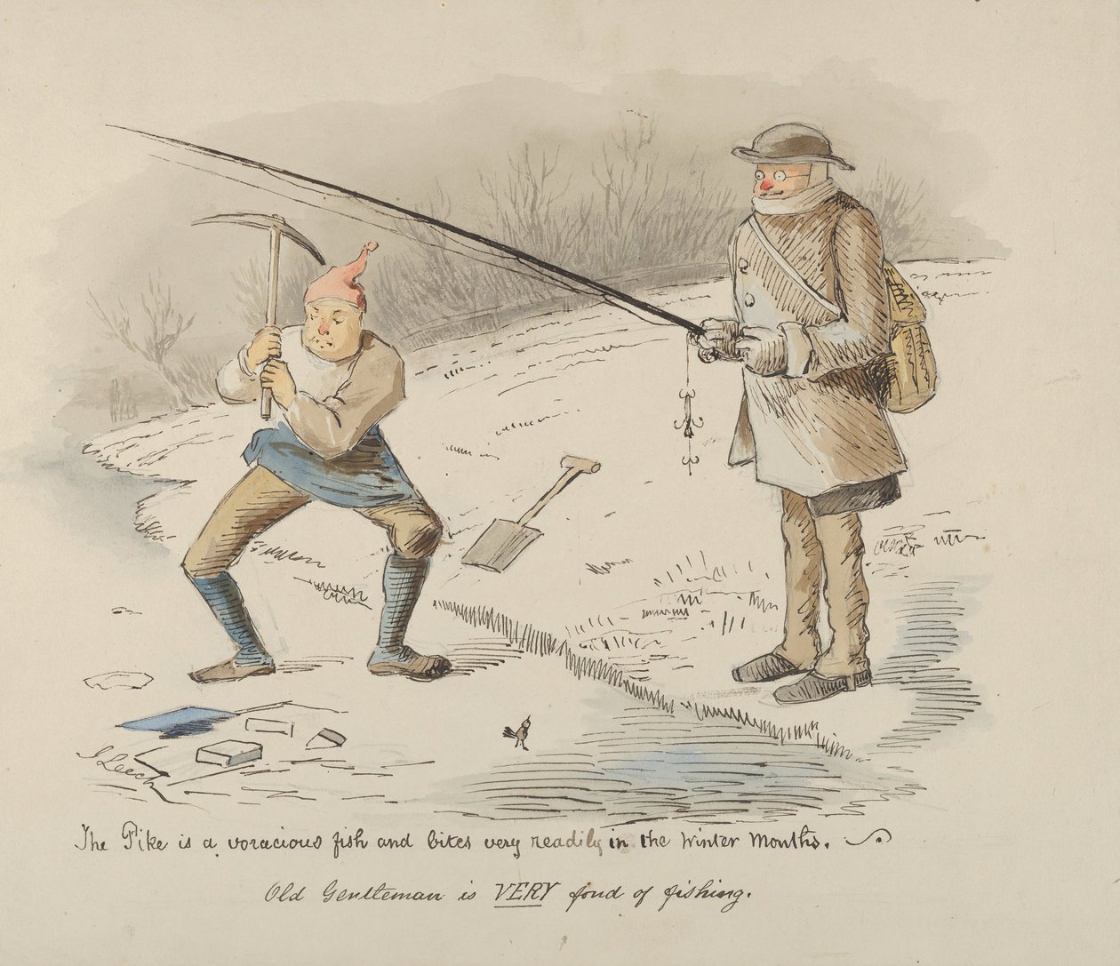 A csuka falánk hal, könnyen harap a téli hónapokban, 1830-64 között. alkotó: John Leech
