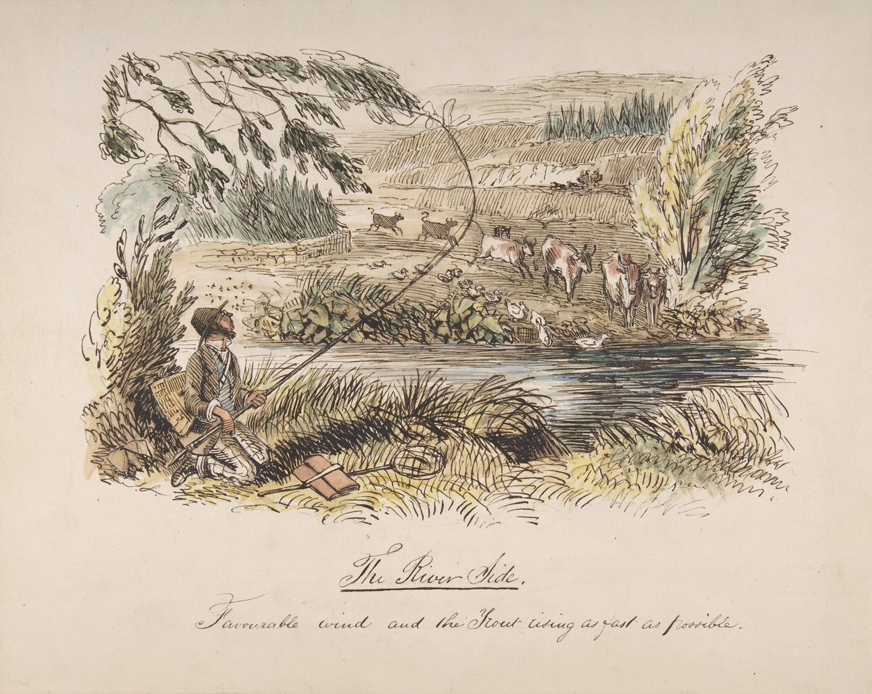A folyópart, kedvező szél és a lehető leggyorsabban felkelő pisztráng, 1830-64. alkotó: John Leech