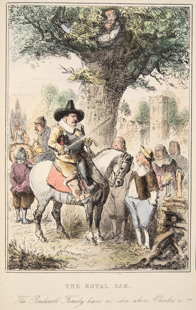 A királyi tölgy. A Penderell családnak fogalma sincs, hol van Charles!!!, The Comic History of England, pub. 1864 (kézzel színezett rézkarc) alkotó: John Leech