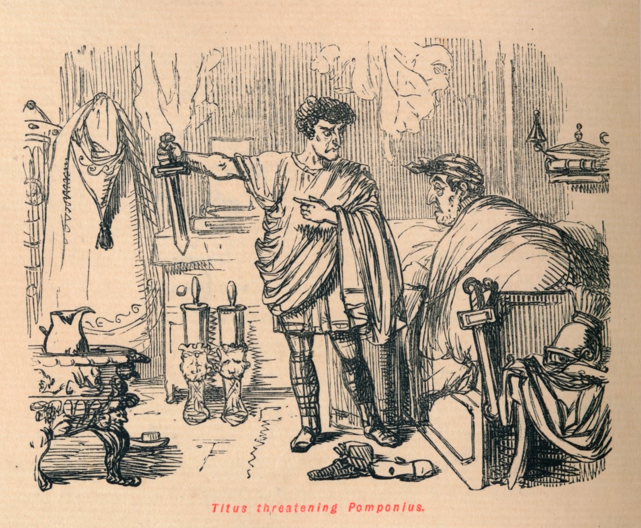 Titus Pomponiust fenyegetve, 1852 alkotó: John Leech