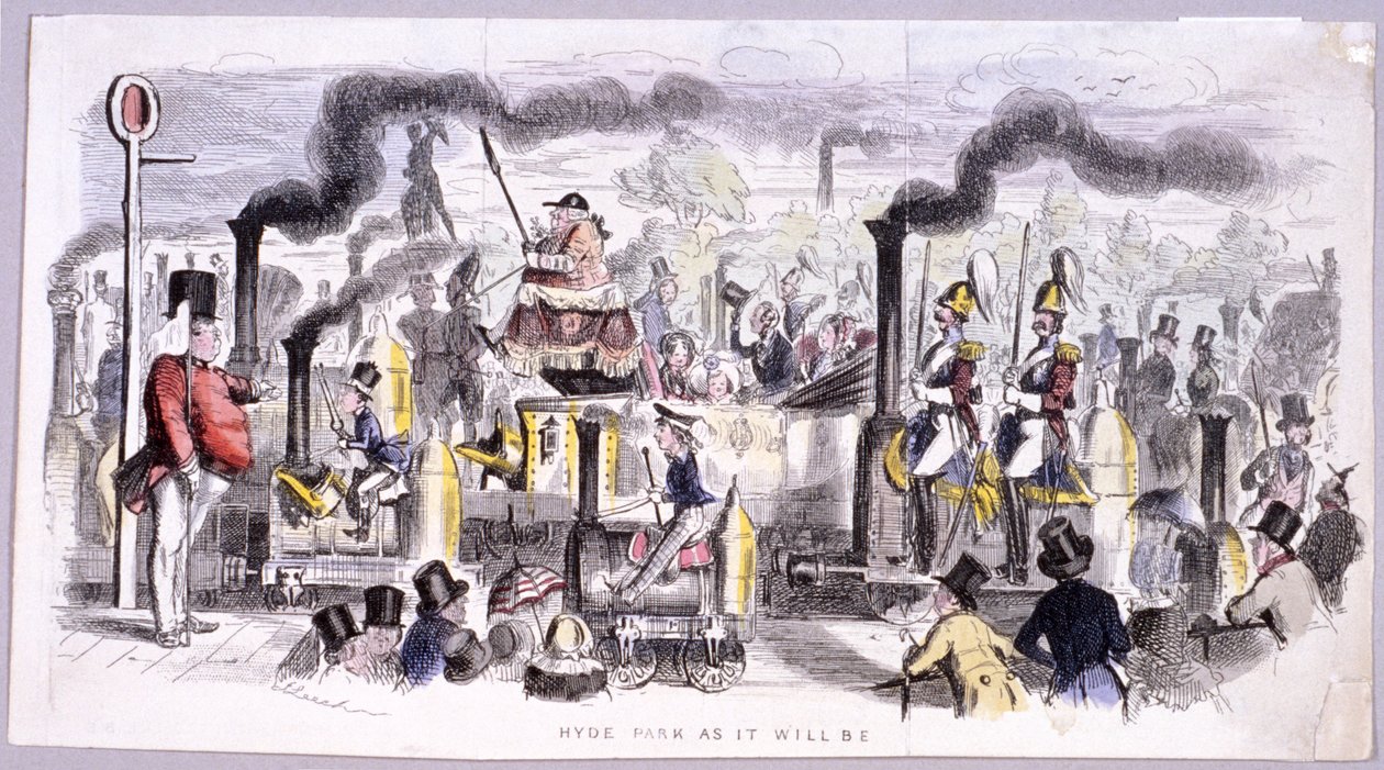 Kilátás a Hyde Parkra, amely a gőzmozdony megjelenését szatírozza, London, 1850 alkotó: John Leech