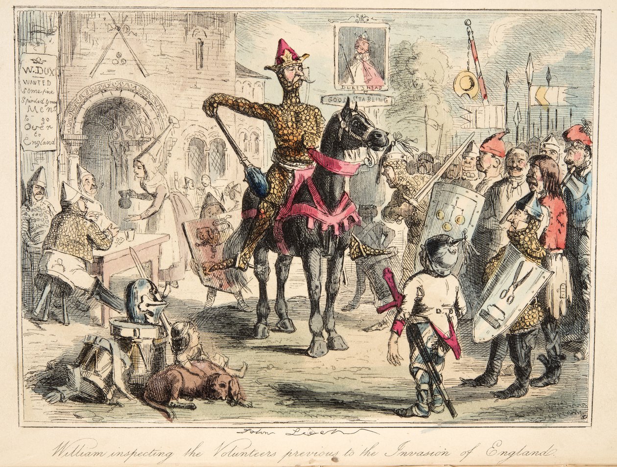Hódító Vilmos megvizsgálja az önkénteseket az angliai invázió előtt, The Comic History of England, pub. 1864 (kézzel színezett rézkarc) alkotó: John Leech
