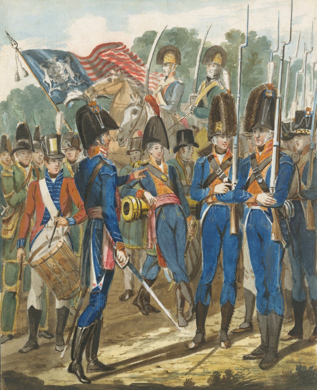 A városi csapat és más philadelphiai katonák tagjai, 1811-kb. 1813. alkotó: John Lewis Krimmel