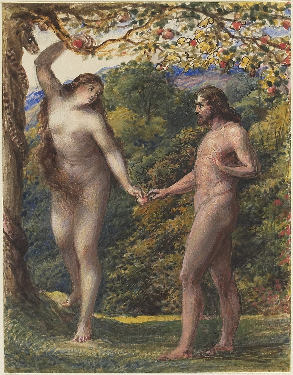 Éva a tiltott gyümölcsöt felajánlja Ádámnak, 1830-35 (toll és barna tinta wc-vel, testszínnel, grafittal, szőtt papíron) alkotó: John Linnell