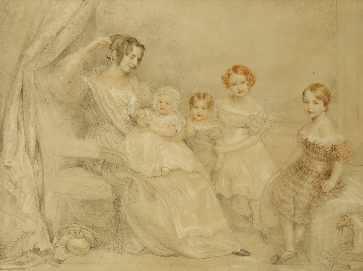 W.S. asszony portréja Fry és négy gyermeke: Emma, Willy, Julie és Georgina, Egy belső térben ülve, 1840 alkotó: John Linnell