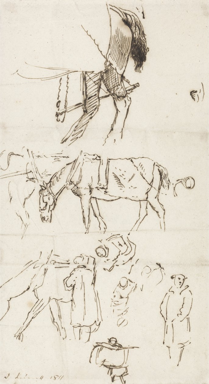 Tanulmányok lovakról, férfiakról és kocsikról, 1811 (toll és barna tinta papíron) alkotó: John Linnell