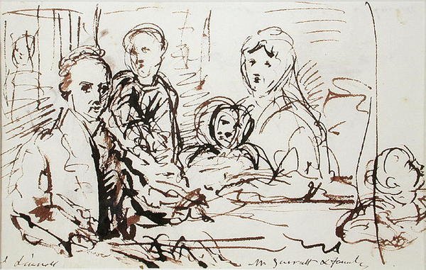 William Albin Garratt és családja, 1830 körül (toll és tinta papíron) alkotó: John Linnell