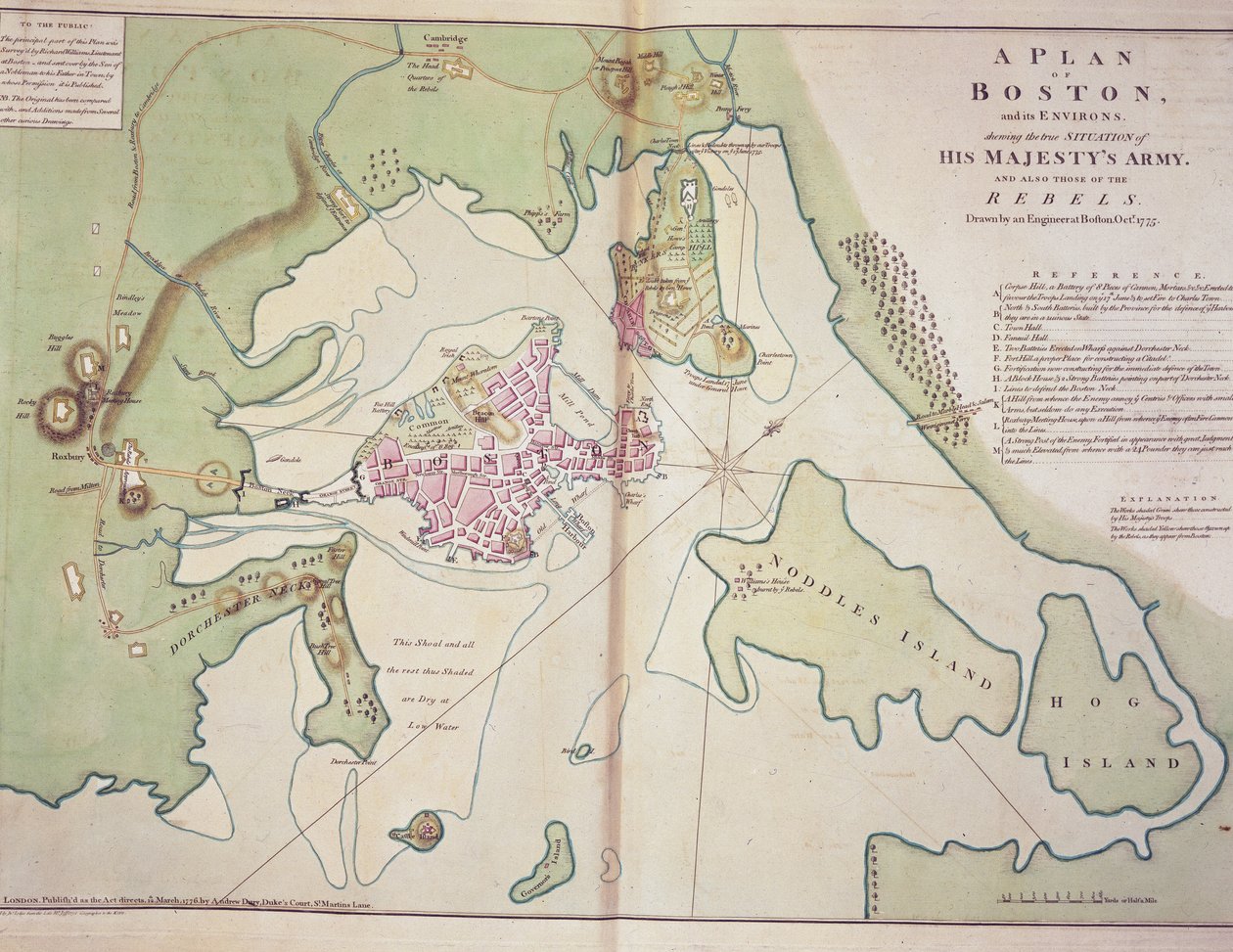 Boston és környékének terve, amely bemutatja a brit és a lázadó amerikai erők helyzetét, 1775 októberében készült, „Az észak-amerikai atlaszban” alkotó: John Lodge