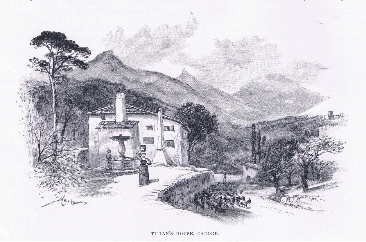Tizian háza, Cadore, a The Magazine of Art 1893-ból, Cassell and Company alkotó: John MacWhirter