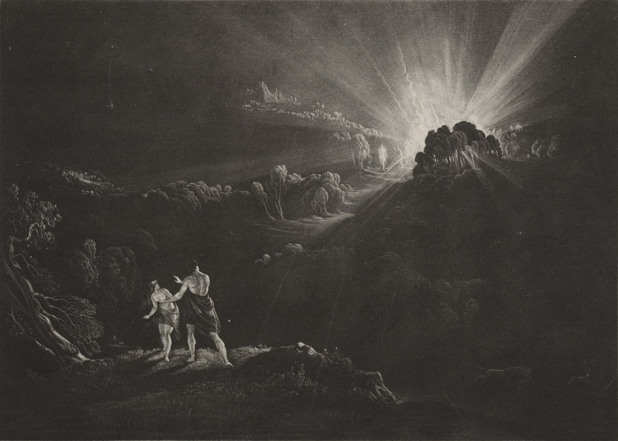 Mihály arkangyal megközelítése, 1827 körül (mezzotint) alkotó: John Martin