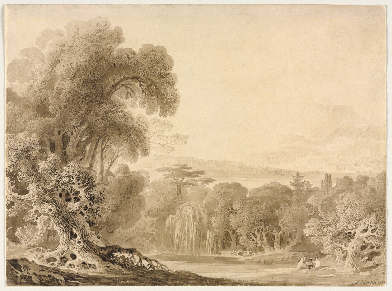 Tó mellett ülő alakok erdős tájon, 1820. alkotó: John Martin