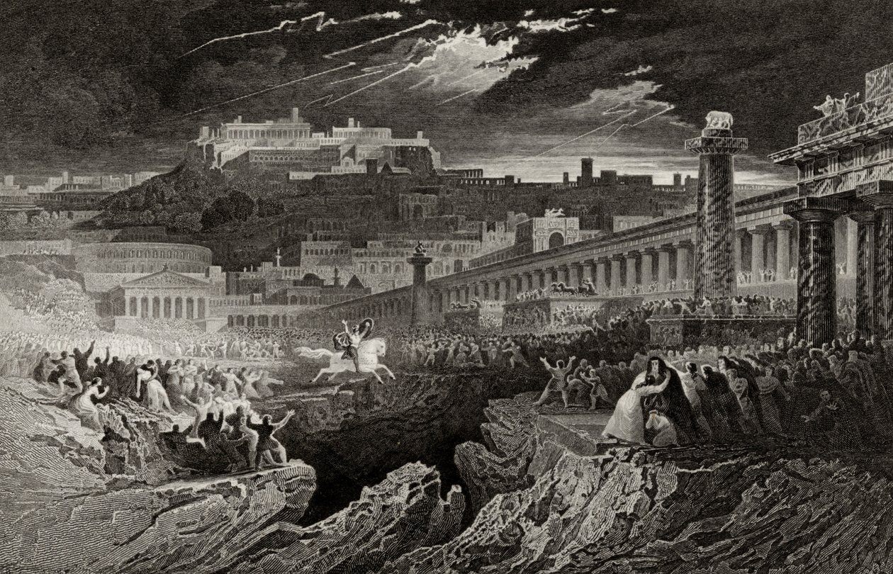 Marcus Curtius a szakadékba lovagol, H. Le Keux metszete alkotó: John Martin