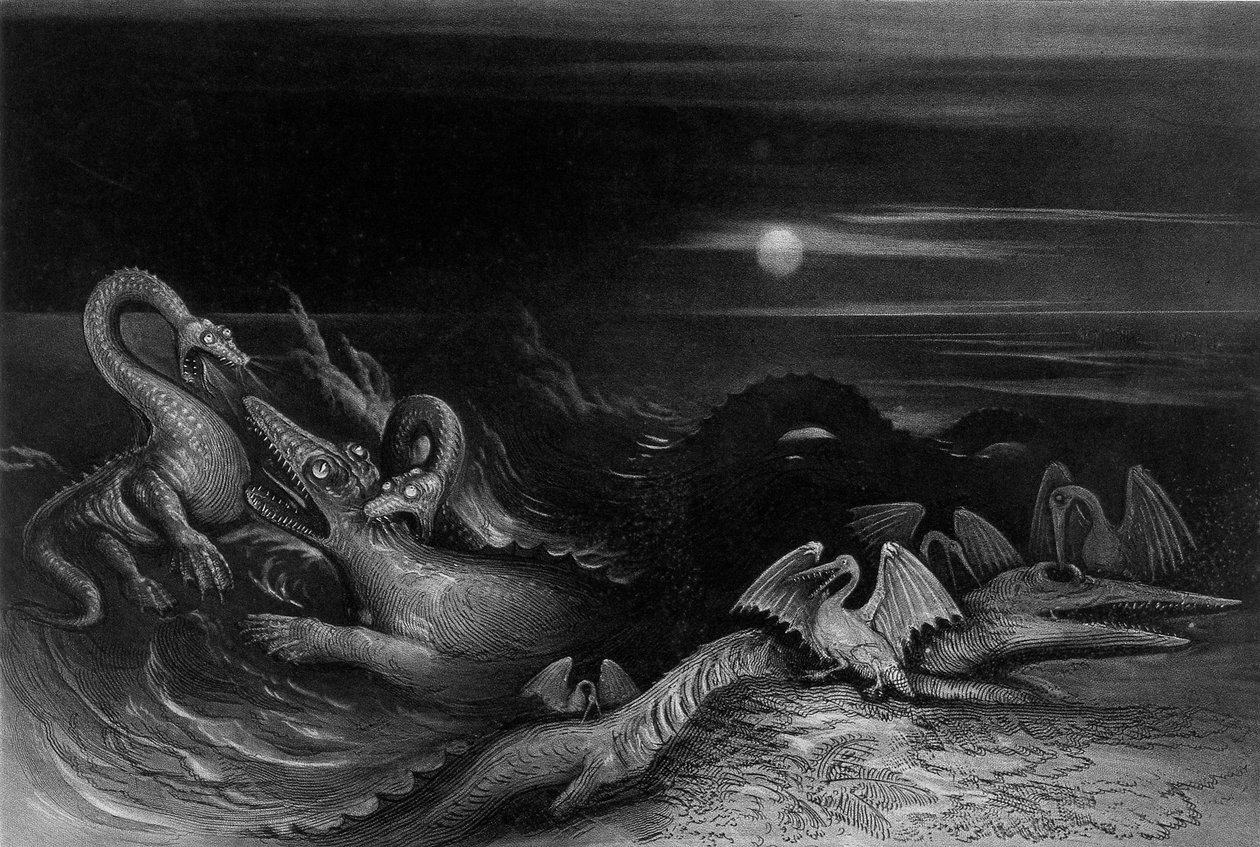 A Plesiosaurus a Temnodontosaurusszal (Oligostinus) küzd, 1840 alkotó: John Martin