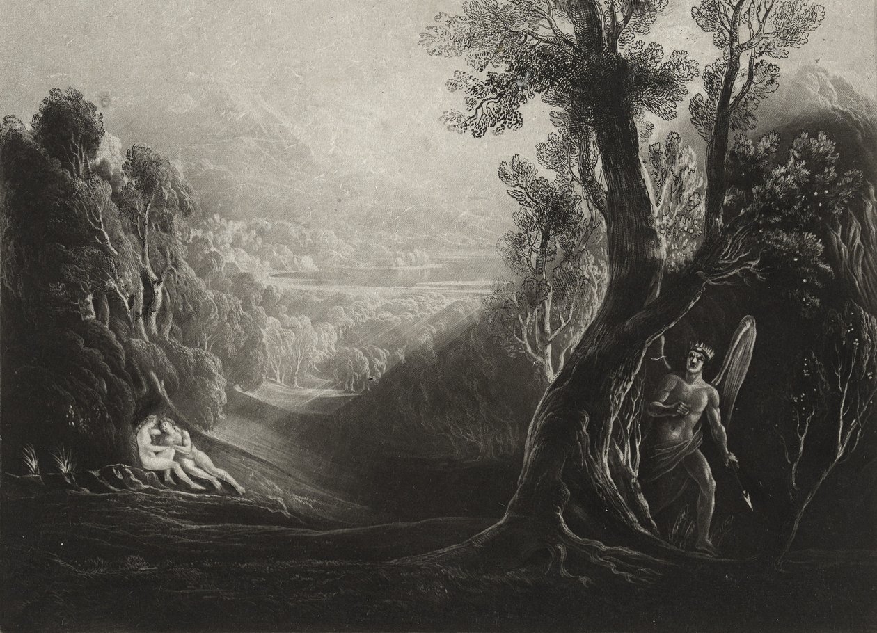 A Sátán szemlélődik és Éva a Paradicsomban, 1827 körül (mezzotint) alkotó: John Martin