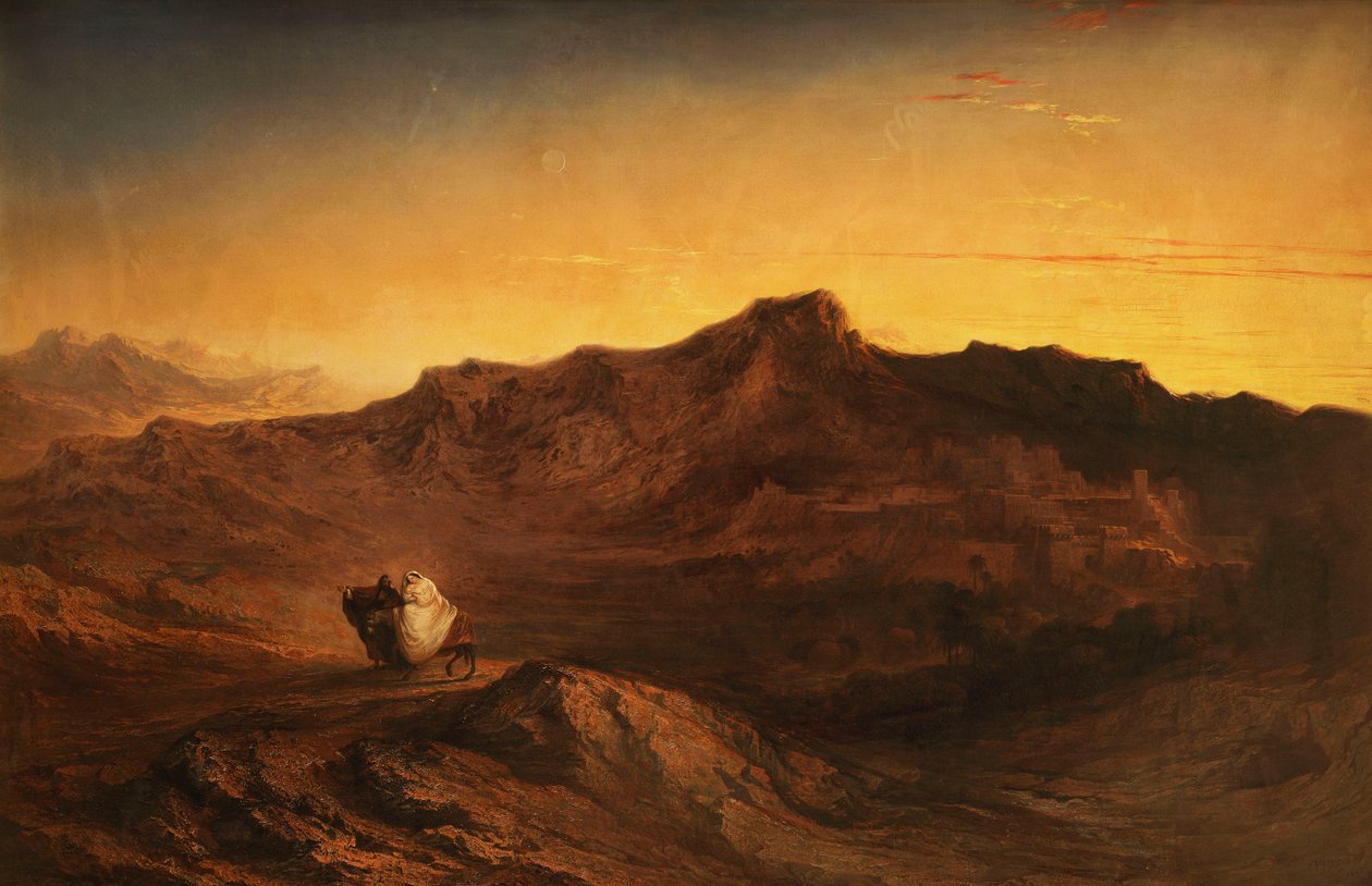 A menekülés Egyiptomba – Amikor felkelt, éjjel magával vitte a kisgyermeket és az anyját, és elutazott Egyiptomba. – II. Máté, 1842. alkotó: John Martin