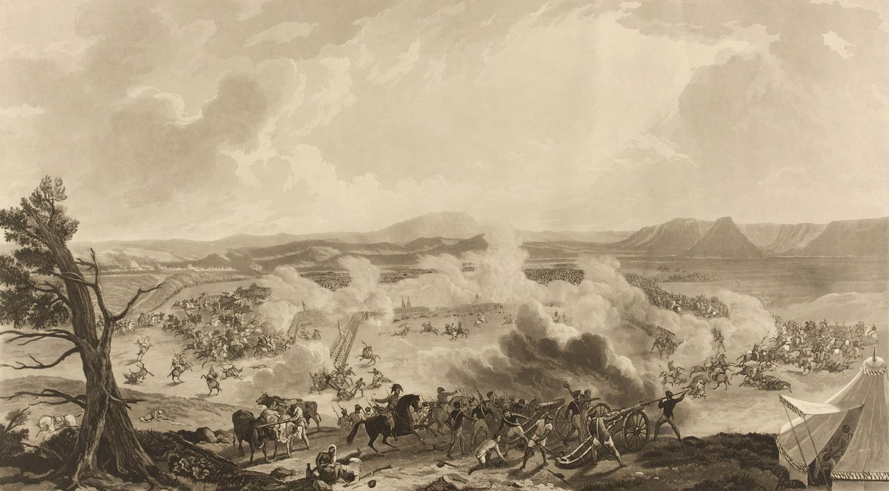 „1816. november 5-én vívott kirkee-i csata, amely emlékezetes alkalomból 4785 [sic] brit csapat legyőzte a Mahratta hadsereget” (akvatinta, színes) alkotó: John Massey (after) Wright